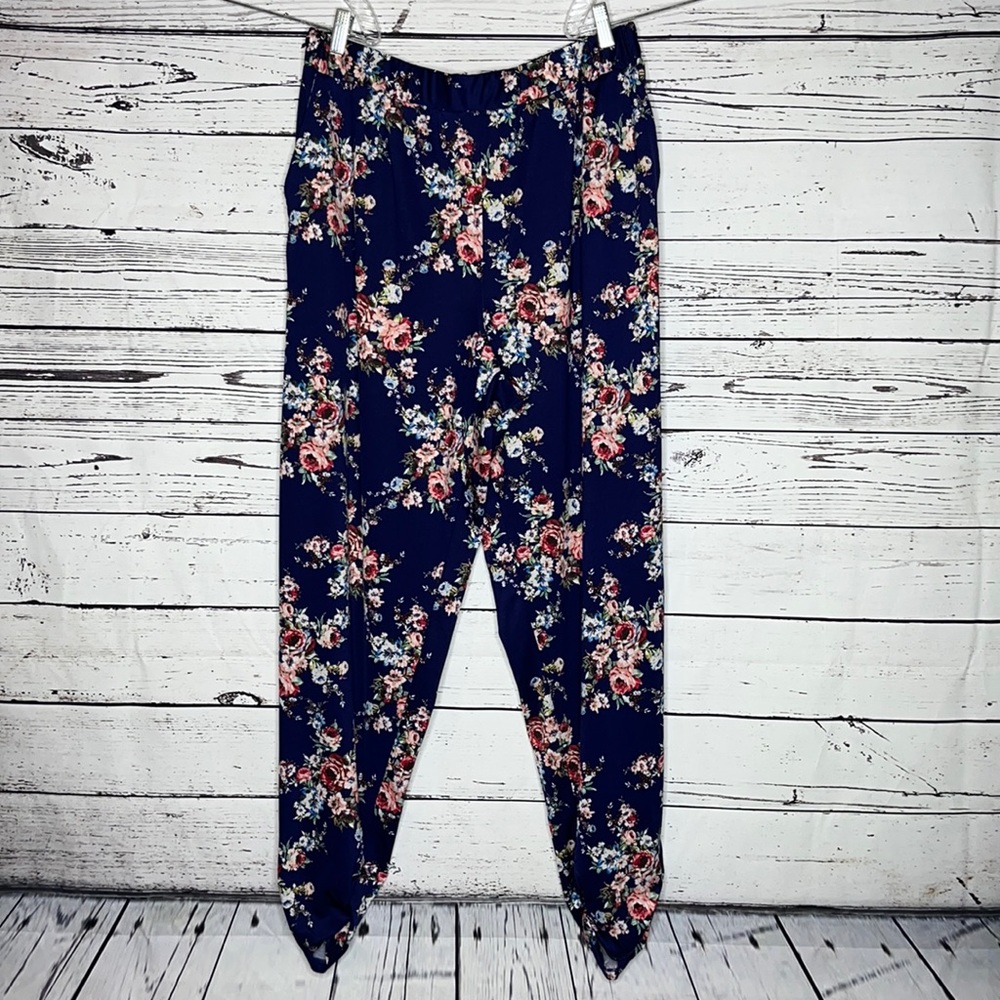 Antthony Originals Size 1X Blue & Pink Floral Print Ruched Leg Pull On Pants